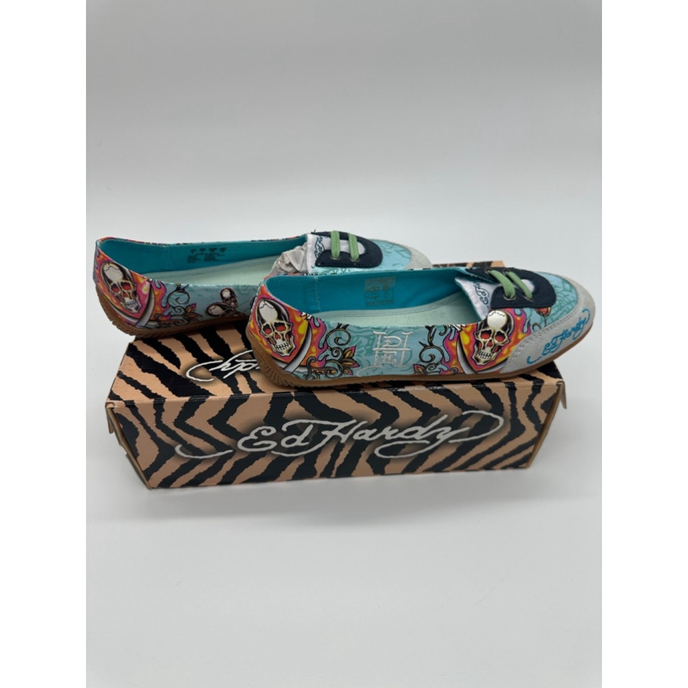 Ed Hardy Eye Candy Blue Canvas Tattoo Slip On Flat Sneakers Size 6 Y2K McBling - Picture 7 of 8